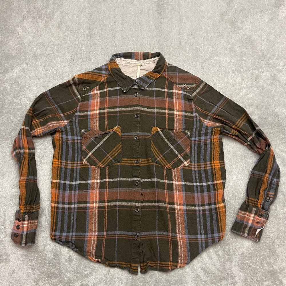 Free People Wesley Plaid Flannel Boyfriend Button Down Shirt Brown Womens Medium